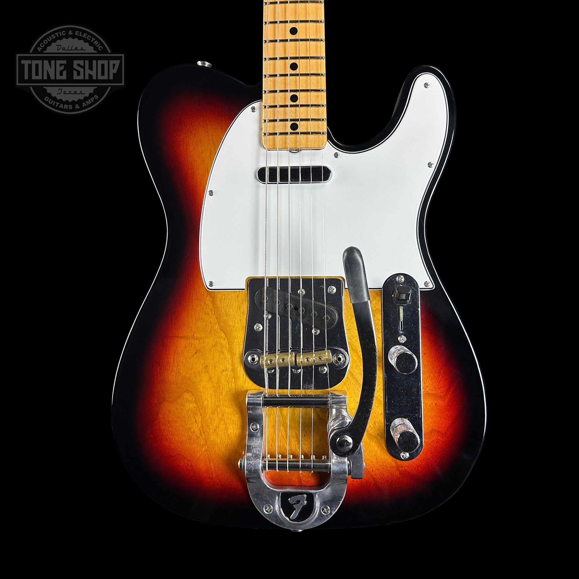 Front of Fender Custom Shop Time Machine '67 Tele Dlx Closet Classic 3 Color Sunburst.