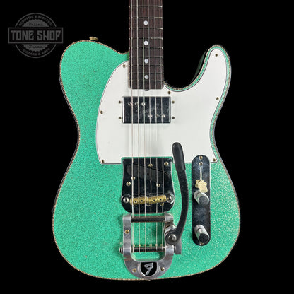 Front of Fender Custom Shop Limited Edition Cunife Tele Custom Journeyman Relic Aged Sea Foam Green Sparkle.