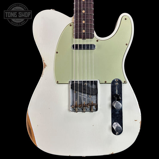 Front of Fender Custom Shop Time Machine '63 Tele Relic Aged Olympic White.