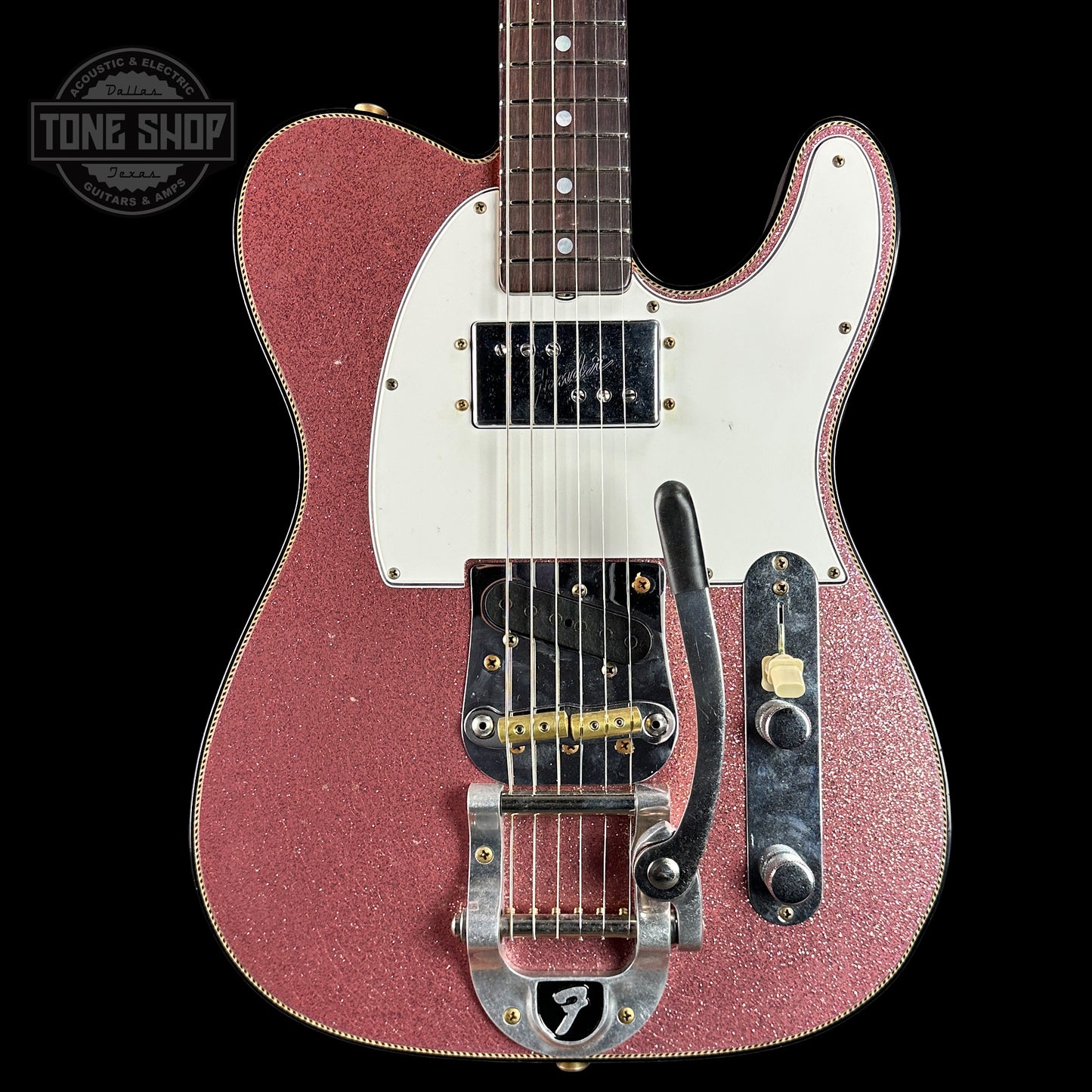 Front of Fender Custom Shop Limited Edition Cunife Tele Custom Journeyman Relic Aged Champagne Sparkle.