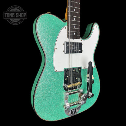 Front angle of Fender Custom Shop Limited Edition Cunife Tele Custom Journeyman Relic Aged Sea Foam Green Sparkle.