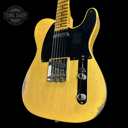 Front angle of Fender Custom Shop Time Machine '54 Tele Relic Faded Aged Nocaster Blonde.