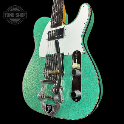 Front angle of Fender Custom Shop Limited Edition Cunife Tele Custom Journeyman Relic Aged Sea Foam Green Sparkle.