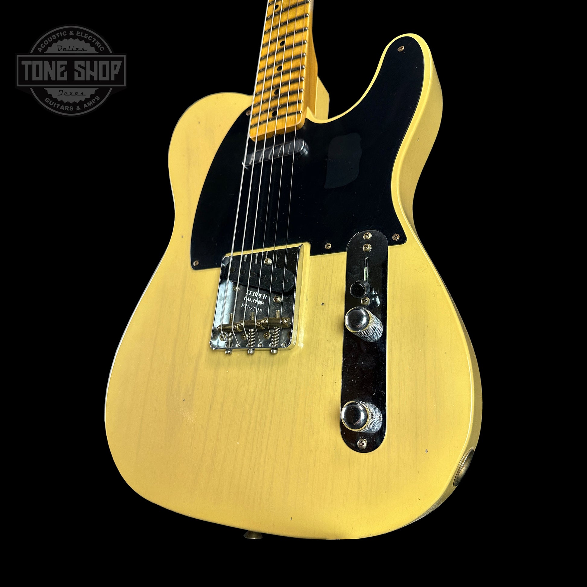 Front angle of Fender Custom Shop Time Machine '54 Tele Journeyman Relic Faded Aged Nocaster Blonde.