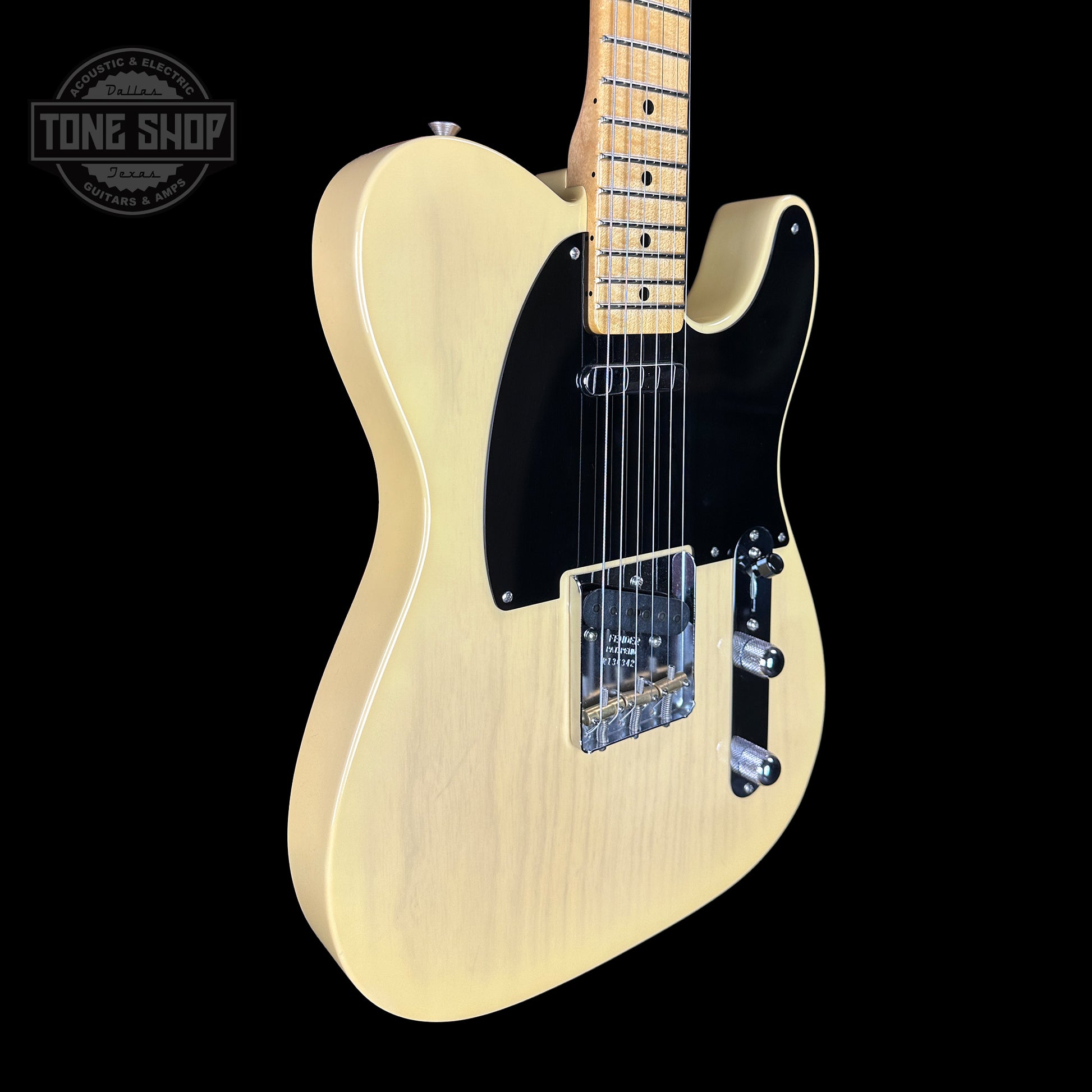 Front angle of Fender Custom Shop Limited Edition 53 Tele Time Capsule Faded Nocaster Blonde.