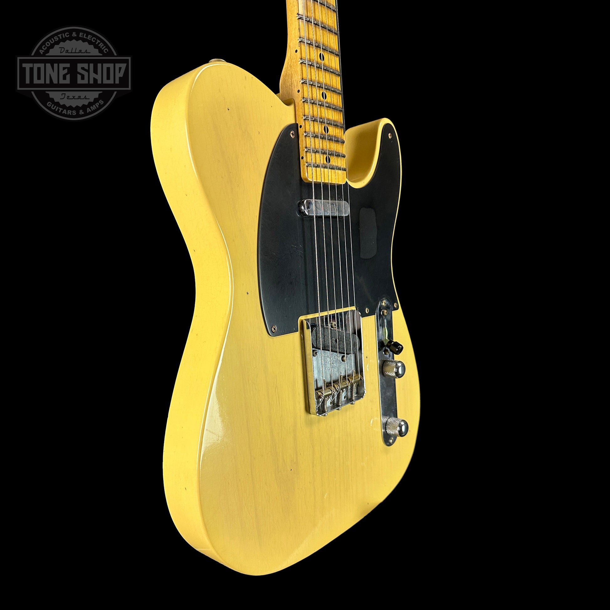 Front angle of Fender Custom Shop Time Machine '54 Tele Journeyman Relic Faded Aged Nocaster Blonde.