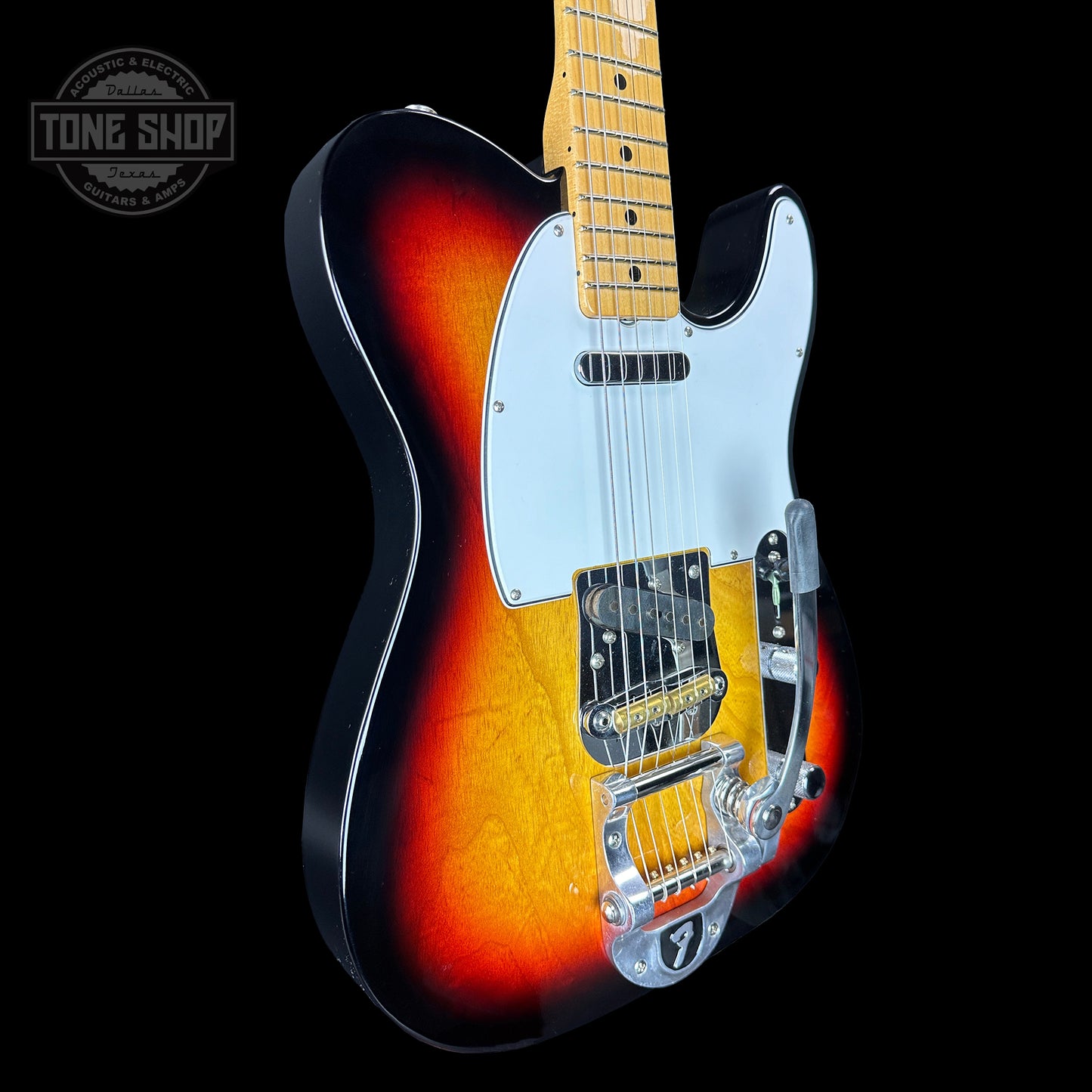 Front angle of Fender Custom Shop Time Machine '67 Tele Dlx Closet Classic 3 Color Sunburst.