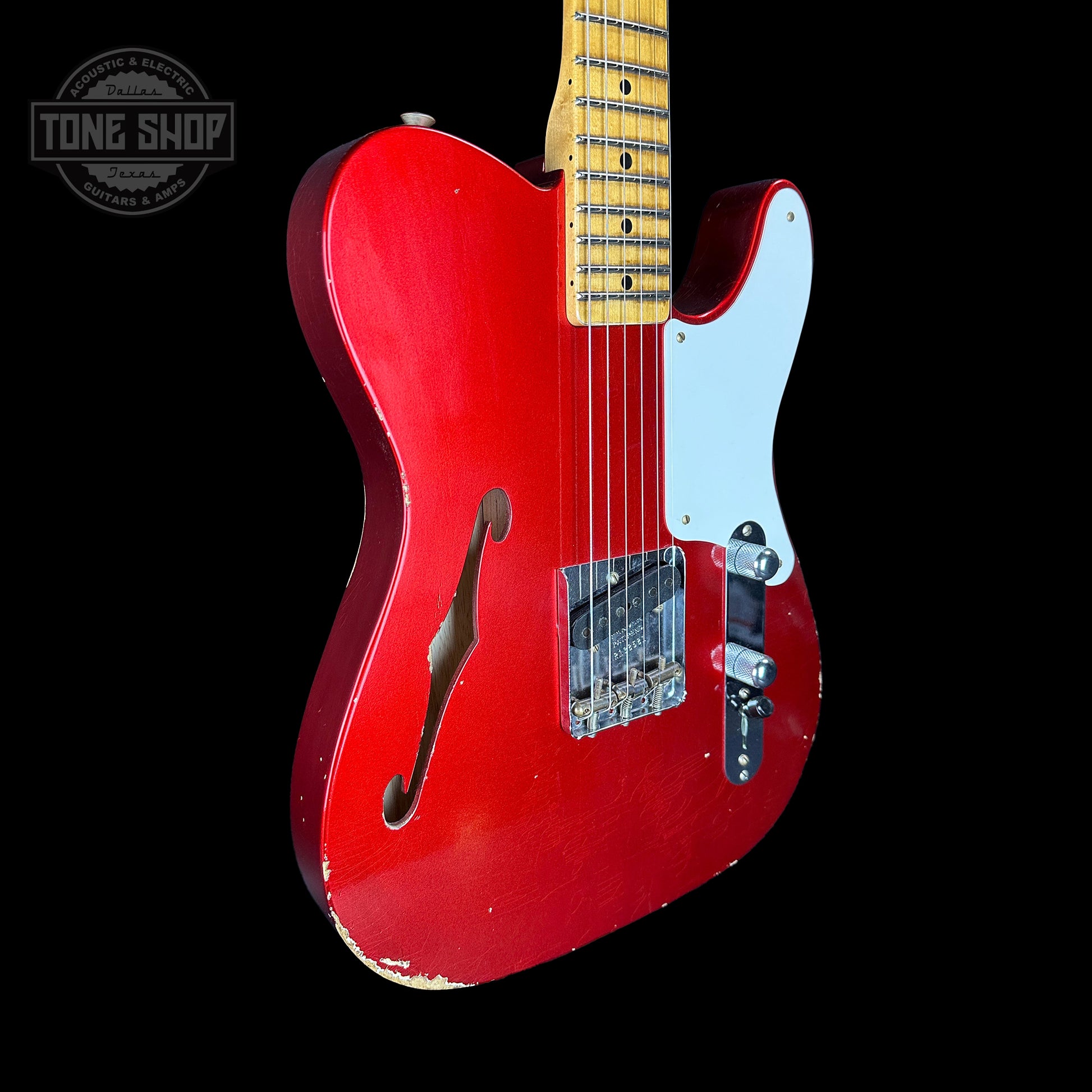 Front angle of Fender Custom Shop Limited Edition Red Hot Esquire Relic Super Faded Aged Candy Apple Red.