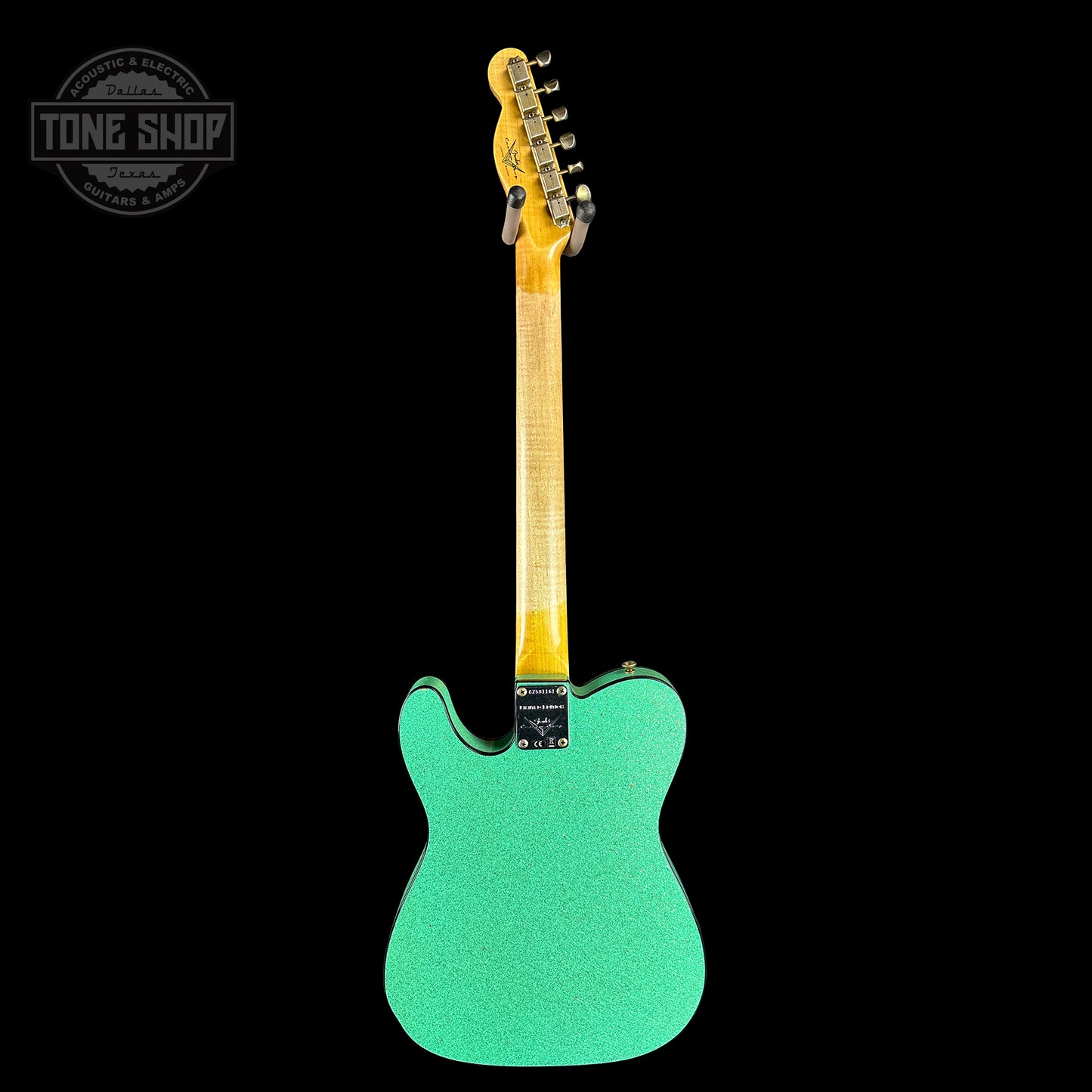 Full back of Fender Custom Shop Limited Edition Cunife Tele Custom Journeyman Relic Aged Sea Foam Green Sparkle.