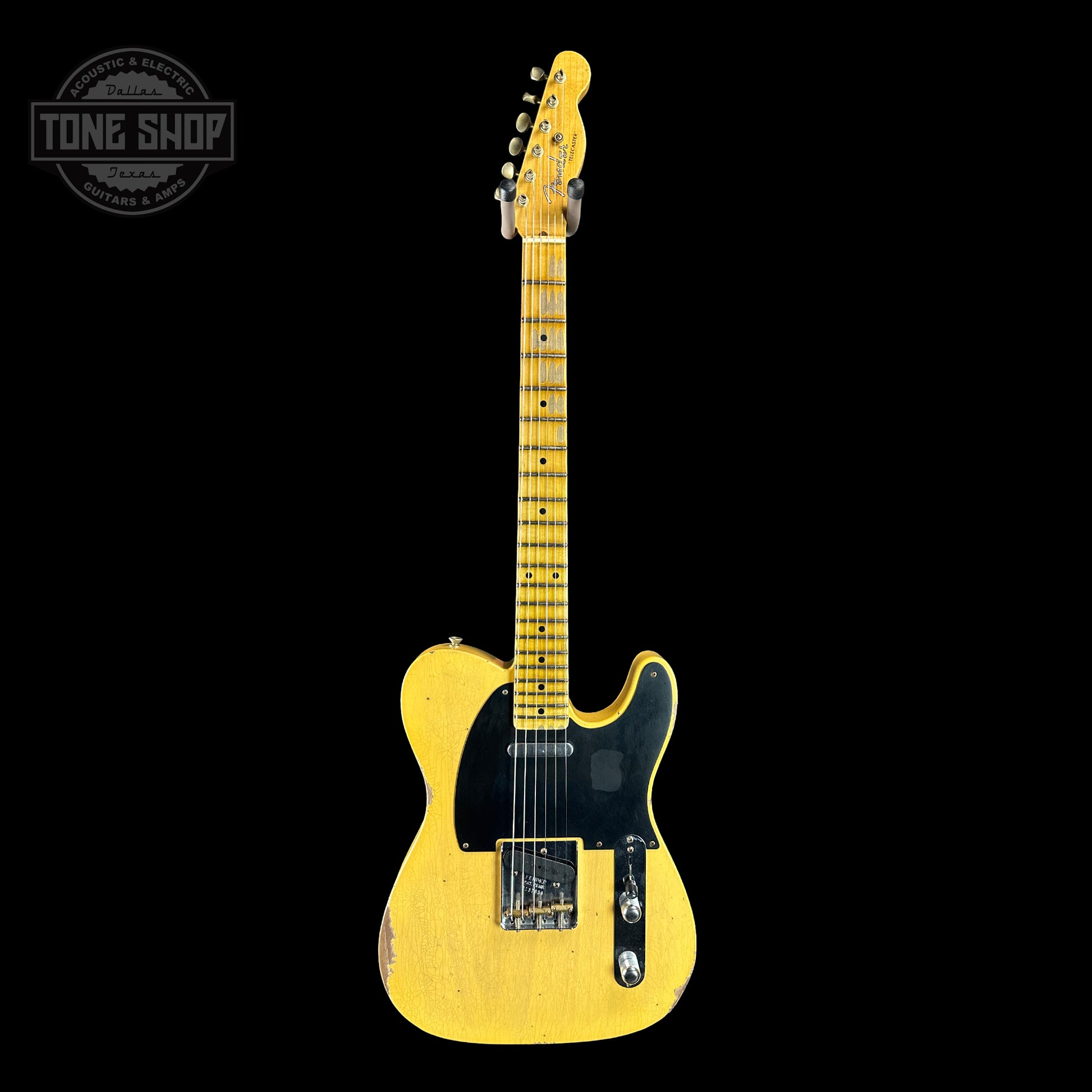 Full front of Fender Custom Shop Time Machine '54 Tele Relic Faded Aged Nocaster Blonde.