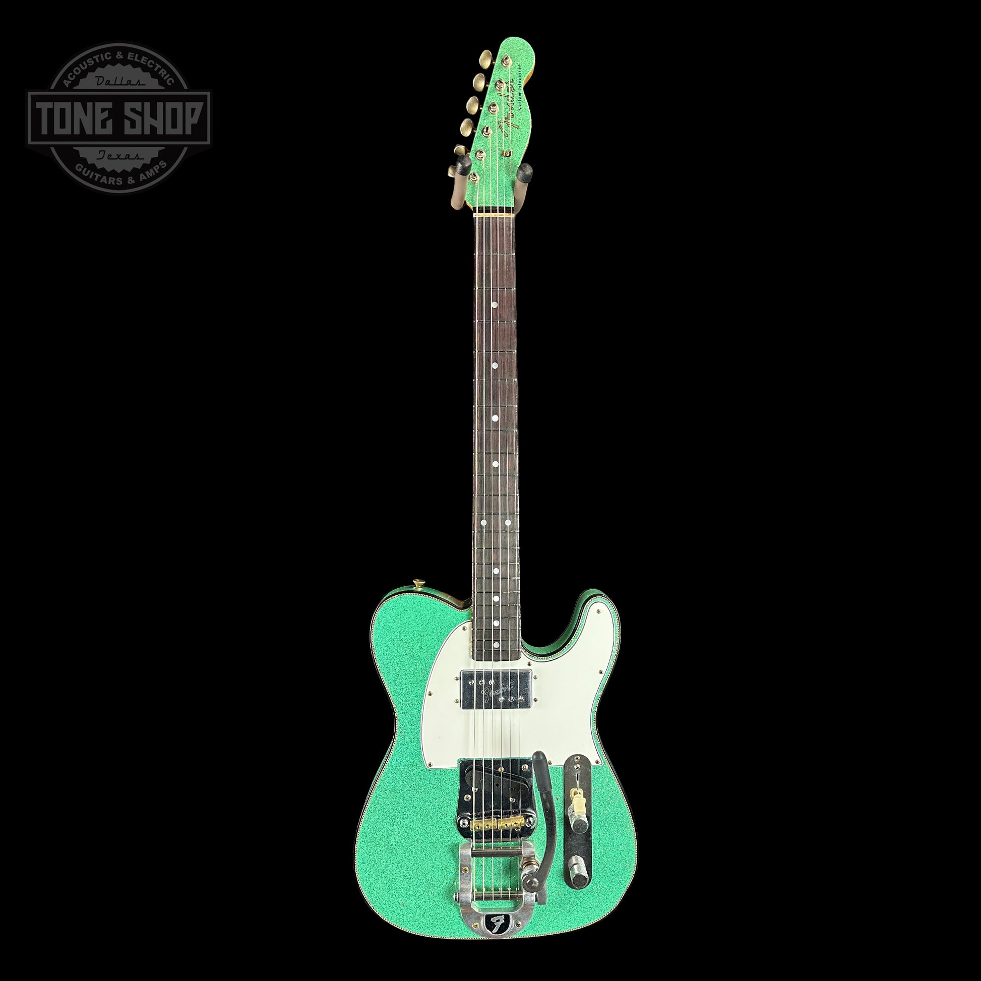 Full front of Fender Custom Shop Limited Edition Cunife Tele Custom Journeyman Relic Aged Sea Foam Green Sparkle.