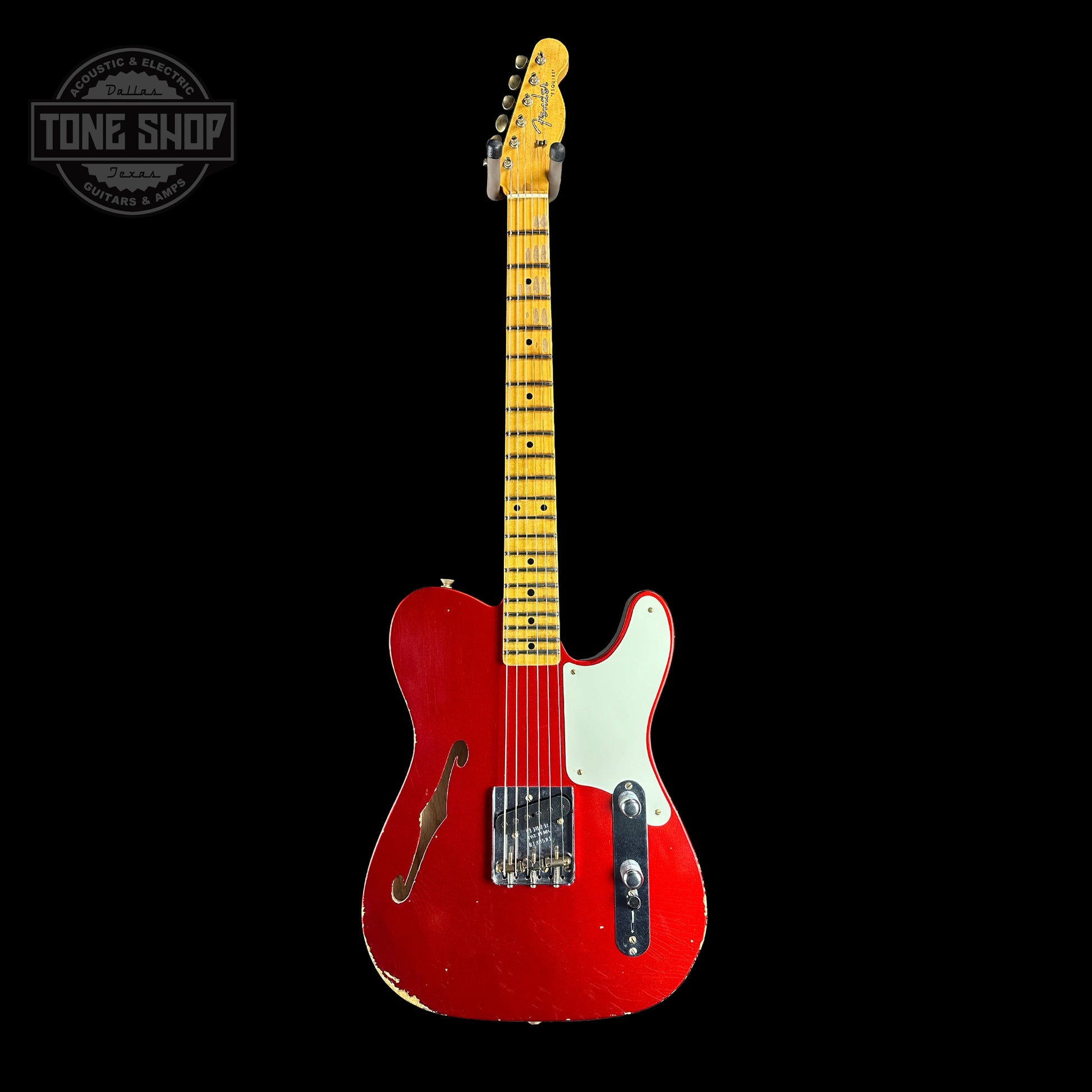 Full front of Fender Custom Shop Limited Edition Red Hot Esquire Relic Super Faded Aged Candy Apple Red.