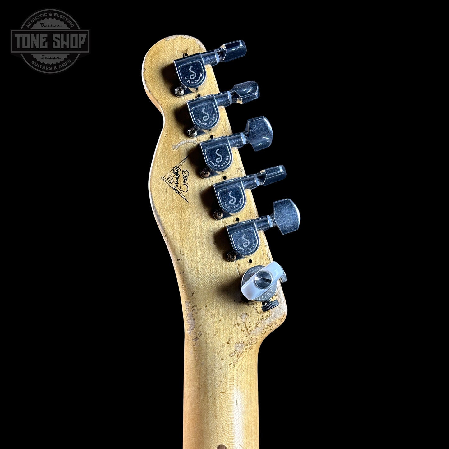 Back of headstock of Fender Custom Shop Limited Edition Masterbuilt Waylon Jennings Telecaster Relic.