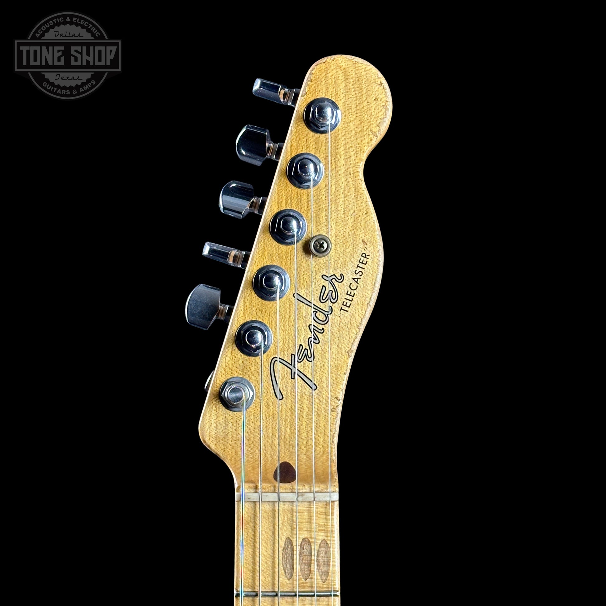 Headstock of Fender Custom Shop Limited Edition Masterbuilt Waylon Jennings Telecaster Relic.