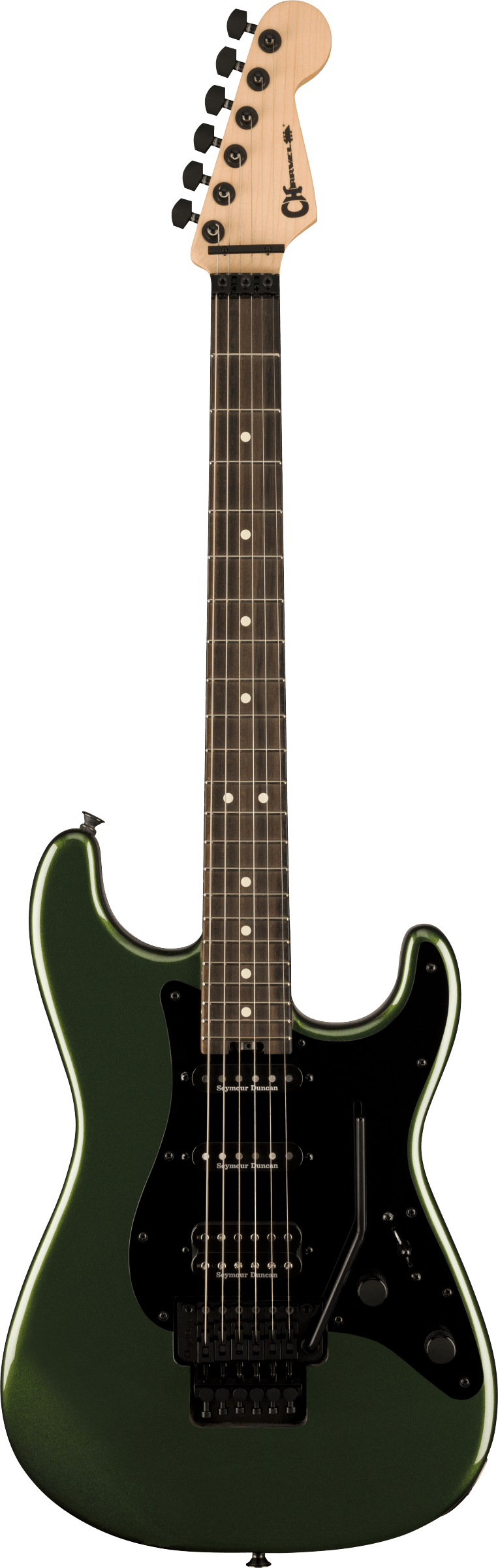 Full frontal of Charvel Pro-Mod So-Cal Style 1 HSS FR Lambo Green.