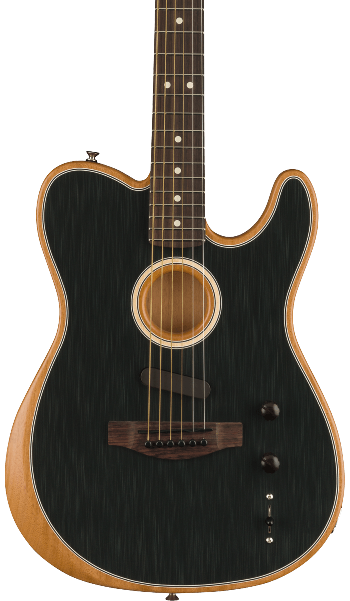 Front of Fender Acoustasonic Player Telecaster Rosewood Fingerboard Brushed Black.