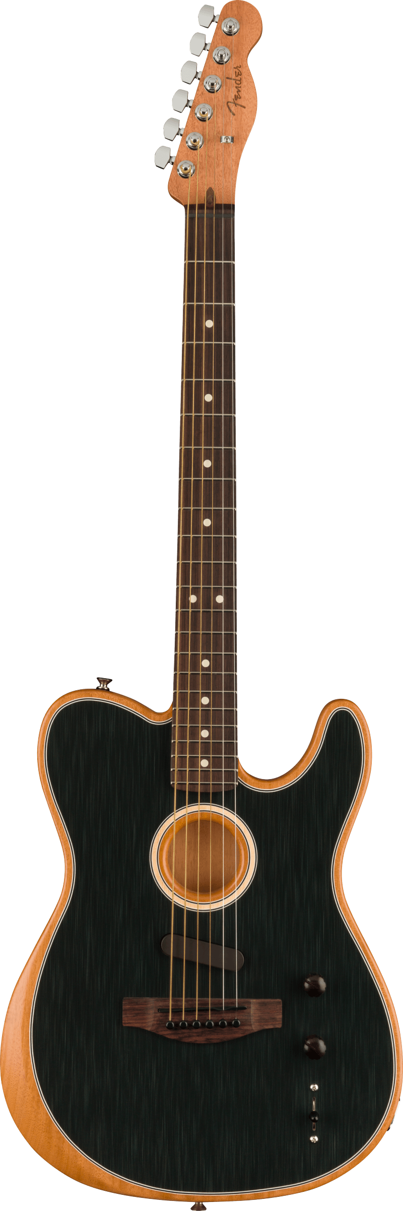 Full frontal of Fender Acoustasonic Player Telecaster Rosewood Fingerboard Brushed Black.