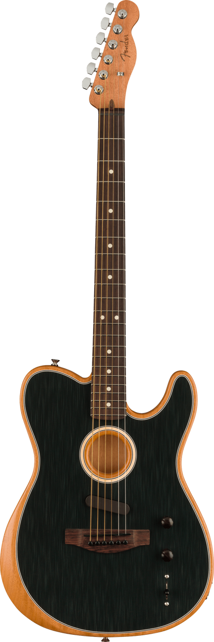 Full frontal of Fender Acoustasonic Player Telecaster Rosewood Fingerboard Brushed Black.