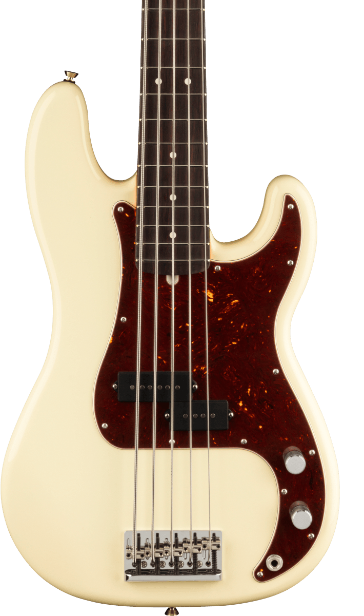 Front of Fender American Professional II Precision Bass V RW Olympic White.