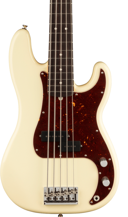 Front of Fender American Professional II Precision Bass V RW Olympic White.