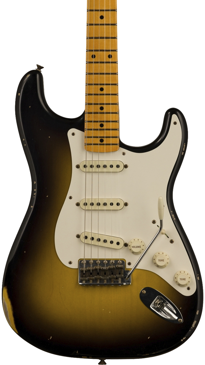 Front of Fender Custom Shop Limited Edition '57 Stratocaster Relic Wide Fade 2 Color Sunburst.
