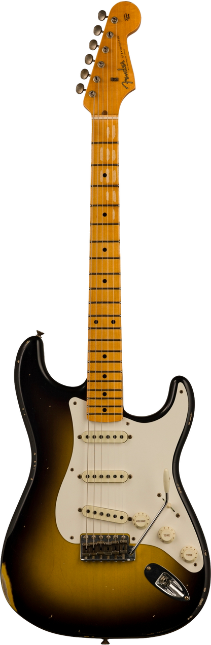 Full frontal of Fender Custom Shop Limited Edition '57 Stratocaster Relic Wide Fade 2 Color Sunburst.