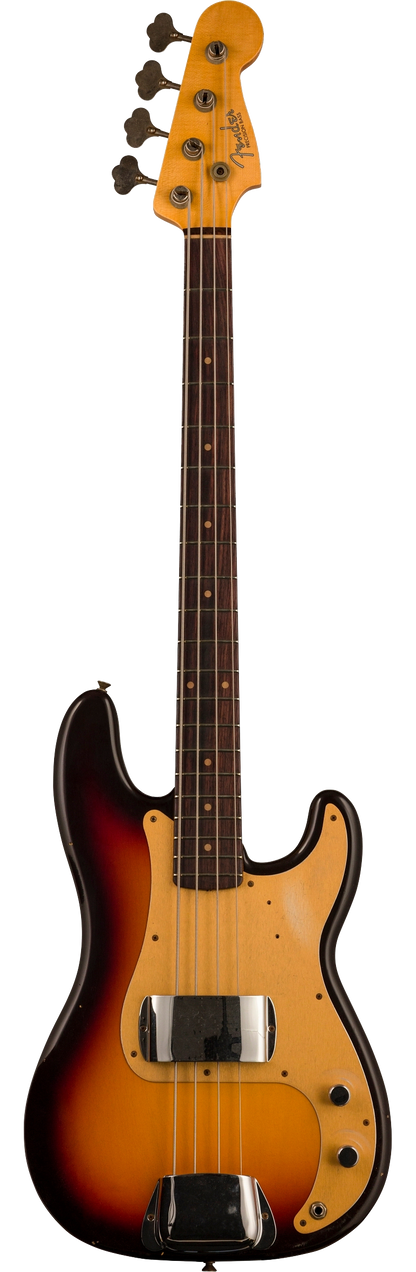 Full front shot of Fender Custom Shop Limited Edition '59 Precision Bass Journeyman Relic Chocolate 3 Color Sunburst.