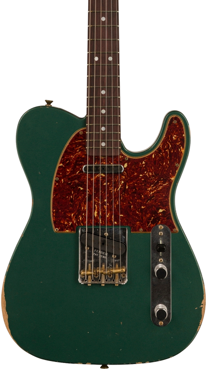 Front of Fender Custom Shop Limited Edition '64 Tele Relic Aged Sherwood Green Metallic.