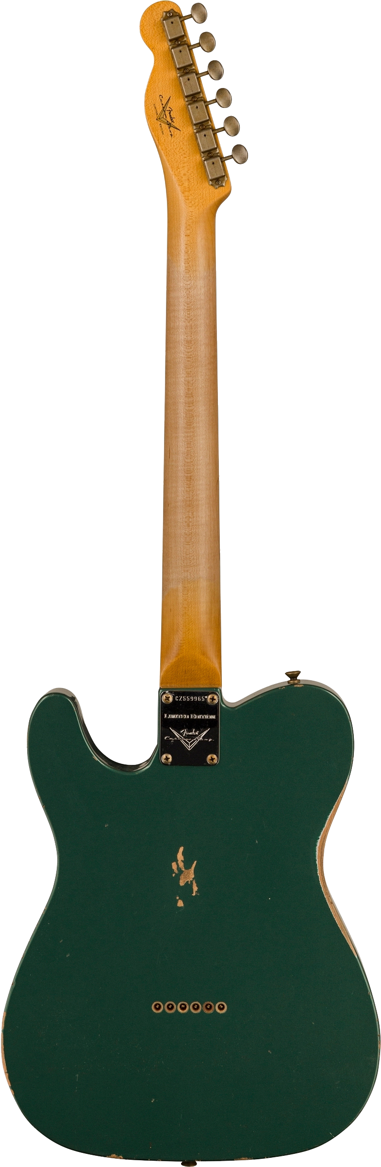 Back of Fender Custom Shop Limited Edition '64 Tele Relic Aged Sherwood Green Metallic.