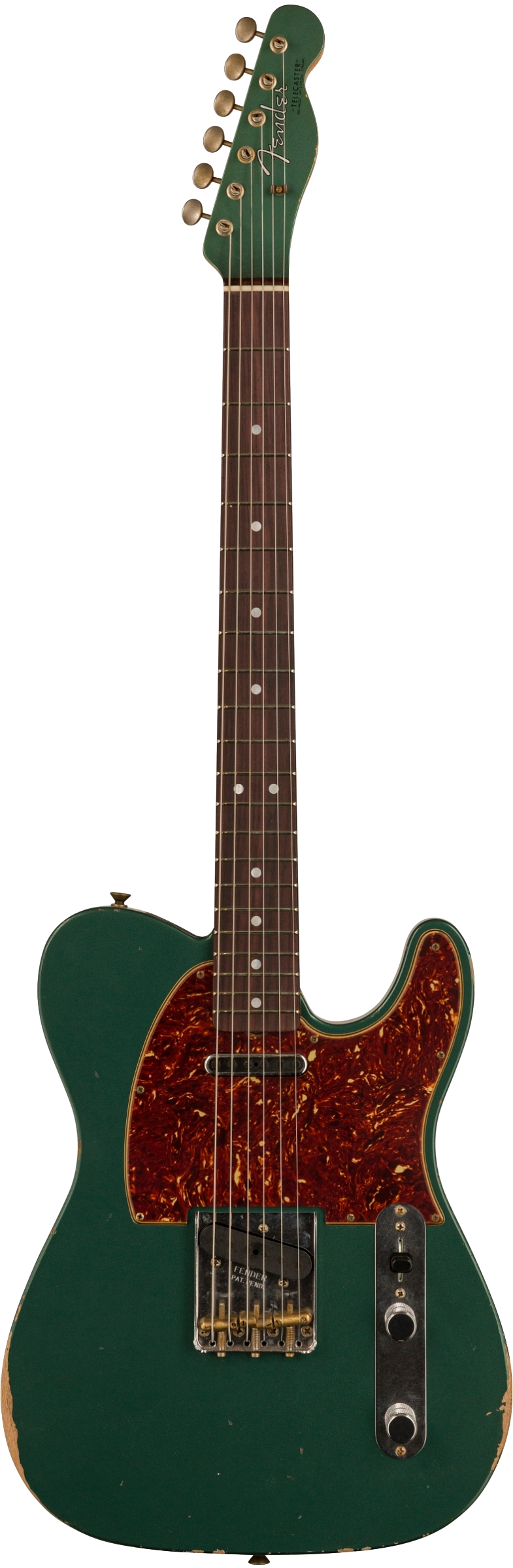 Full frontal of Fender Custom Shop Limited Edition '64 Tele Relic Aged Sherwood Green Metallic.