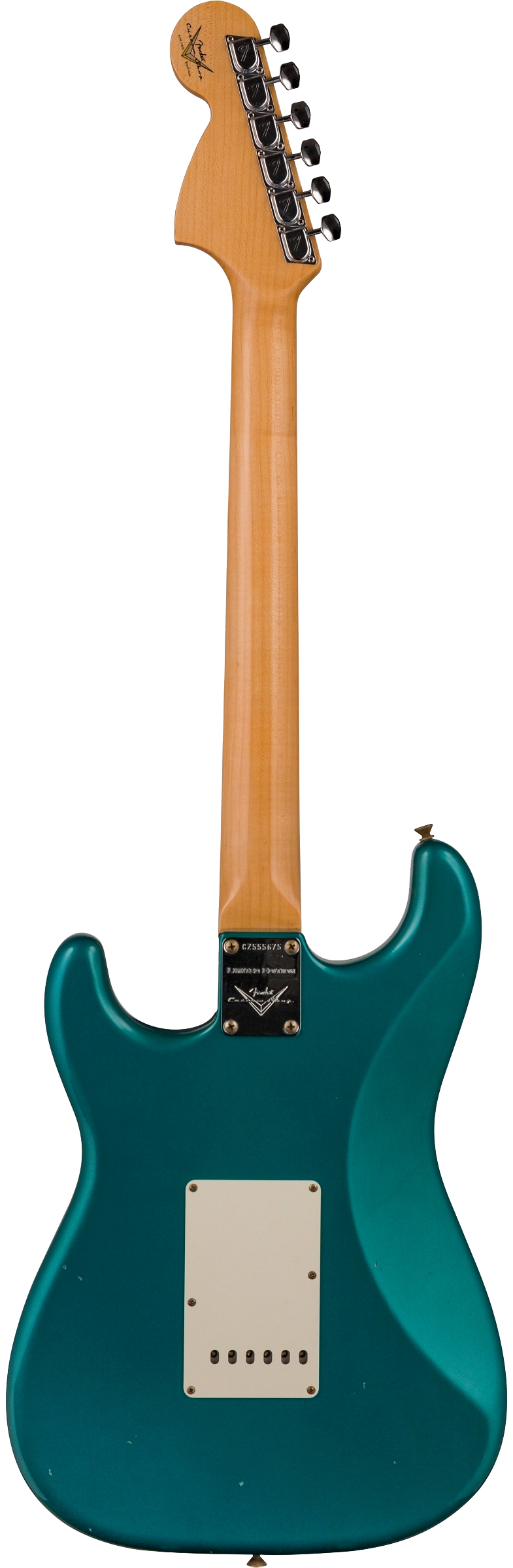 Back of Fender Custom Shop Limited Edition '68 Strat Journeyman Relic Aged Ocean Turquoise.