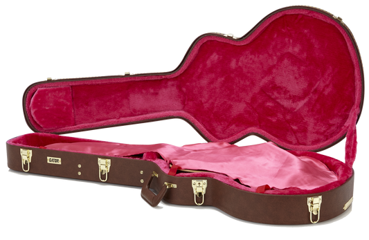 Left angle of Gator GW-335-BROWN Semi-Hollow Guitar Deluxe Case open.