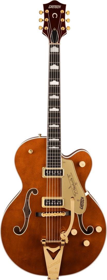 Full frontal of Gretsch G6120TG-DS Players Edition Nashville Hollow Body DS with String-Thru Bigsby and Gold Hardware Ebony Fingerboard Roundup Orange.