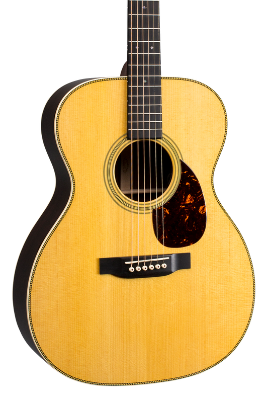 Front angle of Martin OM-28E w/LR Baggs Anthem Electronics Natural.